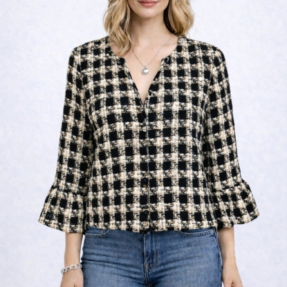 Vintage Du Jour Tweed Jacket Womens Medium Black Beige Check Textured Wool Blend